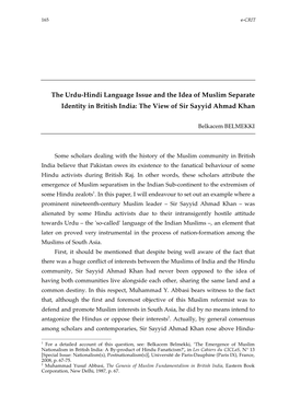 The Urdu-Hindi Language Issue and the Idea of Muslim Separate Identity in British India: the View of Sir Sayyid Ahmad Khan