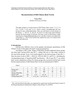 Reconstruction of Old Chinese Back Vowels Tong Zhao