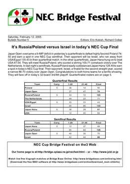 It's Russia/Poland Versus Israel in Today's NEC Cup Final