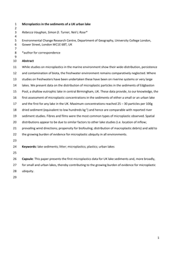 1 Microplastics in the Sediments of a UK Urban Lake 1 2 Rebecca