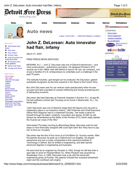 John Z. Delorean: Auto Innovator Had Flair, Infamy Page 1 of 3