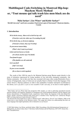 Multilingual Code-Switching in Montreal Hip-Hop: Mayhem Meets Method Or, “Tout Moune Qui Talk Trash Kiss Mon Black Ass Du Nord”