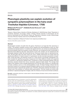 Phenotypic Plasticity Can Explain Evolution of Sympatric Polymorphism in the Hairy Snail Trochulus Hispidus (Linnaeus, 1758)