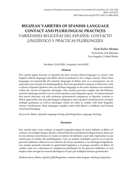 Belizean Varieties of Spanish: Language Contact and Plurilingual Practices Variedades Beliceñas Del Español: Contacto Lingüístico Y Prácticas Plurilingües