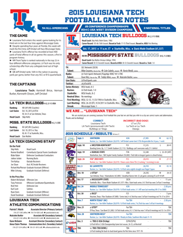 2015 Louisiana Tech Football Game Notes 25 Conference Championships 54 All-Americans 2 National Titles 2014 C-Usa West Division Champions