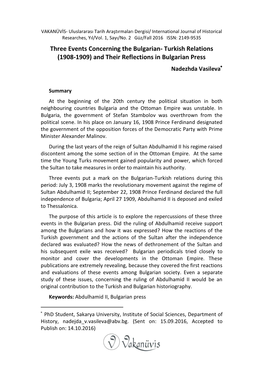 Three Events Concerning the Bulgarian- Turkish Relations (1908-1909) and Their Reflections in Bulgarian Press Nadezhda Vasileva