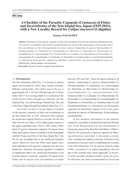 Of Fishes and Invertebrates of the Seto Inland Sea, Japan (1935-2011), with a New Locality Record for Caligus Macarovi (Caligidae)