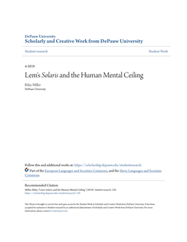 Lem's Solaris and the Human Mental Ceiling Riley Miller Depauw University