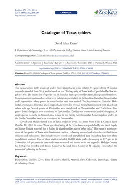 Catalogue of Texas Spiders 1 Doi: 10.3897/Zookeys.570.6095 CATALOGUE Launched to Accelerate Biodiversity Research