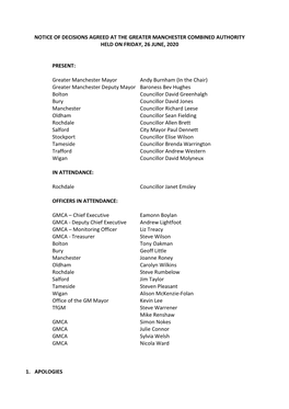 Notice of Decisions Agreed at the Greater Manchester Combined Authority Held on Friday, 26 June, 2020