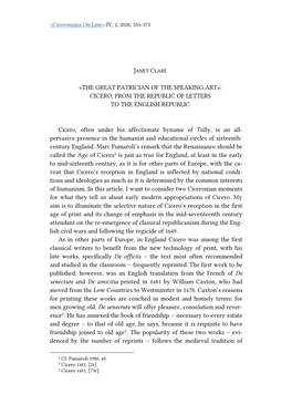 «The Great Patrician of the Speaking Art»: Cicero, from the Republic of Letters to the English Republic