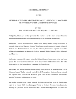 Ministerial Statement on the Outbreak of the African Migratory Locust Infestation in the Country