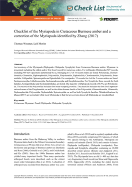 Checklist of the Myriapoda in Cretaceous Burmese Amber and a Correction of the Myriapoda Identified by Zhang (2017)