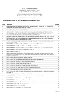 EURL AISNE ENCHERES Résultat De La Vente N° 1870 Du Samedi