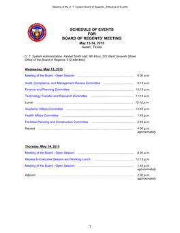 Schedule of Events for Board of Regents' Meeting