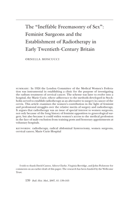 Feminist Surgeons and the Establishment of Radiotherapy in Early Twentieth-Century Britain