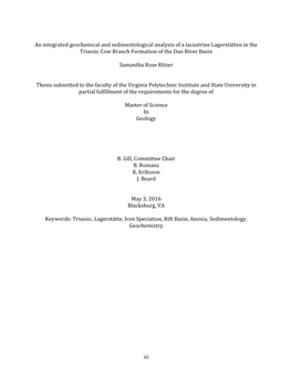 Iii an Integrated Geochemical and Sedimentological Analysis of a Lacustrine Lagerstätten in the Triassic Cow Branch Formation of the Dan River Basin