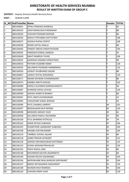 DIRECTORATE of HEALTH SERVICES MUMBAI RESULT of WRITTEN EXAM of GROUP C DISTRICT : Deputy Director,Health Services,Pune POST : SENIOR CLERK