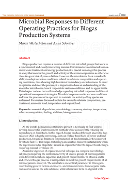 Microbial Responses to Different Operating Practices for Biogas Production Systems Maria Westerholm and Anna Schnürer