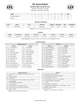 CFL Game Details Hamilton Tiger-Cats @ BC Lions Week #15 - Game #66 - Year 2018 September 22, 2018-22:00 - BC Place