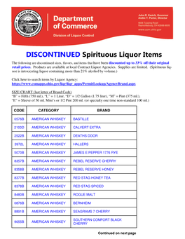 DISCONTINUED Spirituous Liquor Items the Following Are Discontinued Sizes, Flavors, and Items That Have Been Discounted up to 33% Off Their Original Retail Prices