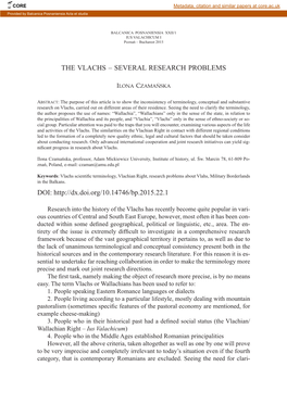 THE VLACHS – SEVERAL RESEARCH PROBLEMS DOI: Http