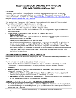 RECOGNIZED HEALTH CARE AIDE (HCA) PROGRAMS APPROVED SCHOOLS LIST June 2012