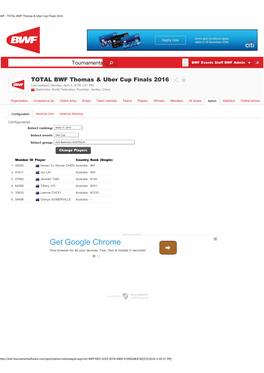 BWF - TOTAL BWF Thomas & Uber Cup Finals 2016