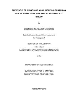 The Status of Indigenous Music in the South African School Curriculum with Special Reference to Isizulu