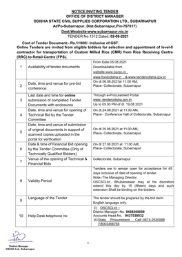 Notice Inviting Tender Office of District Manager Odisha