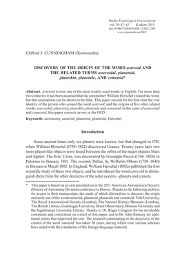 DISCOVERY of the ORIGIN of the WORD Asteroid and the RELATED TERMS Asteroidal, Planetoid, Planetkin, Planetule, and Cometoid*