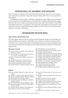 Honor Roll of Members and Donors Membership Honor Roll