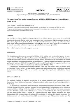 New Species of the Spider Genus Exocora Millidge, 1991 (Araneae: Linyphiidae) from Brazil