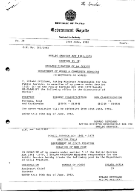 No. 38 23Rd June, 1982 Nauru. GN No. 181/1982 PUBLIC SERVICE ACT