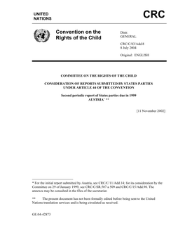 Convention on the Rights of the Child (CRC) by Austria Was Effected by Depositing the Ratification Document on 6 August 1992 (Published in Federal Law Gazette No