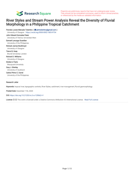 River Styles and Stream Power Analysis Reveal the Diversity of Fluvial Morphology in a Philippine Tropical Catchment