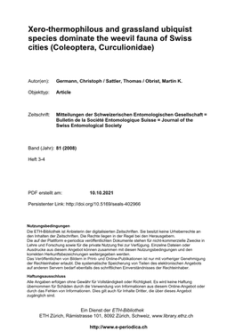 Xero-Thermophilous and Grassland Ubiquist Species Dominate the Weevil Fauna of Swiss Cities (Coleoptera, Curculionidae)