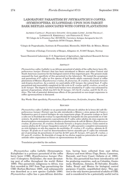 Laboratory Parasitism by Phymastichus Coffea (Hymenoptera: Eulophidae) Upon Non-Target Bark Beetles Associated with Coffee Plantations