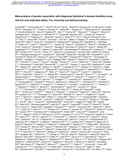 Meta-Analysis of Genetic Association with Diagnosed Alzheimer's Disease Identifies Novel Risk Loci and Implicates Abeta, Tau, Immunity and Lipid Processing