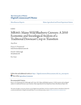 Maine Wild Blueberry Growers: a 2010 Economic and Sociological Analysis of a Traditional Downeast Crop in Transition Anya Rose