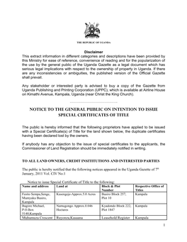 Notice to the General Public on Intention to Issue Special Certificates of Title