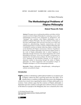 The Methodological Problems of Filipino Philosophy