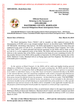 Baltimore County, Maryland; (Ii) Under Existing Law, the Bans and the Interest NEW ISSUES–Book-Entryonly
