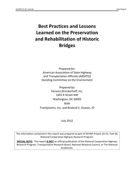 Best Practices and Lessons Learned on the Preservation and Rehabilitation of Historic Bridges