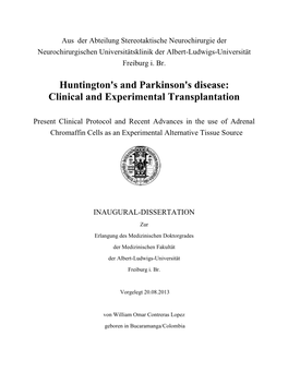 Huntington's and Parkinson's Disease: Clinical and Experimental Transplantation