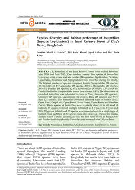 Species Diversity and Habitat Preference of Butterflies (Insecta: Lepidoptera) in Inani Reserve Forest of Cox’S Bazar, Bangladesh