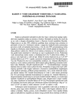 Radon U Vodi Gradskih Vodovoda U Naseljima Požeško-Slavonske Županije