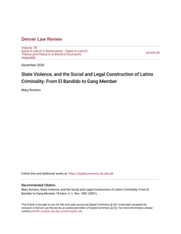 State Violence, and the Social and Legal Construction of Latino Criminality: from El Bandido to Gang Member