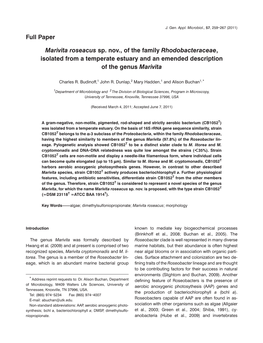 Marivita Roseacus Sp. Nov., of the Family Rhodobacteraceae, Isolated from a Temperate Estuary and an Emended Description of the Genus Marivita