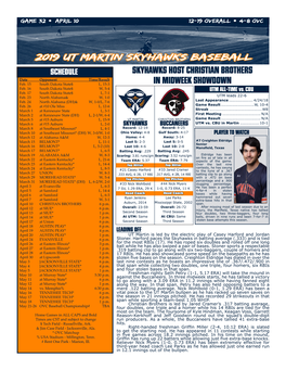 2019 UT MARTIN SKYHAWKS BASEBALL SCHEDULE SKYHAWKS HOST CHRISTIAN BROTHERS Date Opponent Time/Result Feb